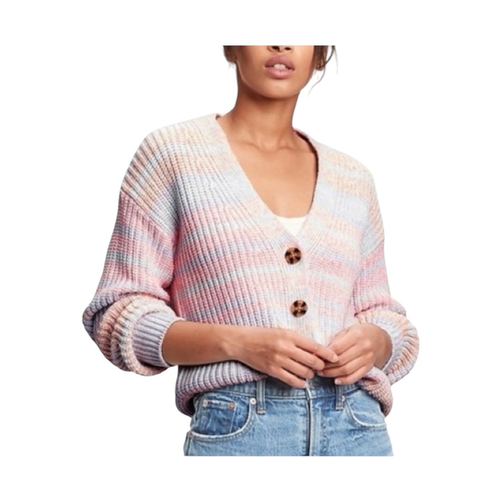 GAP Cardigan Women Medium Pink Pastel Rainbow Cotton Knit Striped Preppy Comfy